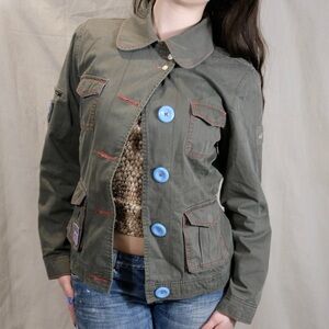 Women's Adidas Vintage Military/ Utility / Cargo Green Jacket with Blue Accents